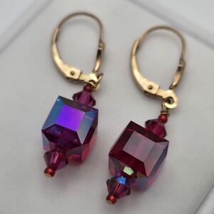 Red Crystal Dangle Vintage 14K GP Earrings Stunning Light-Catching Design